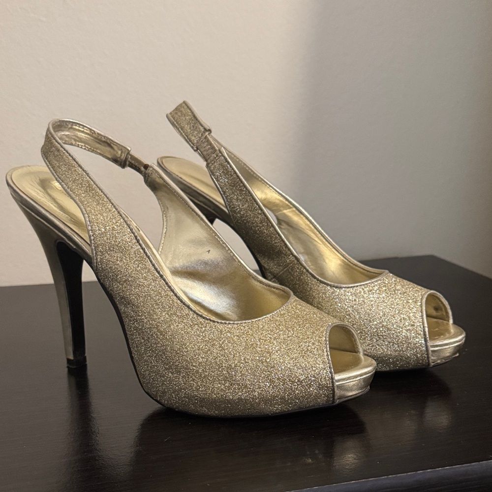 Lulu Townsend Glittering Gold Peep-Toe Heels